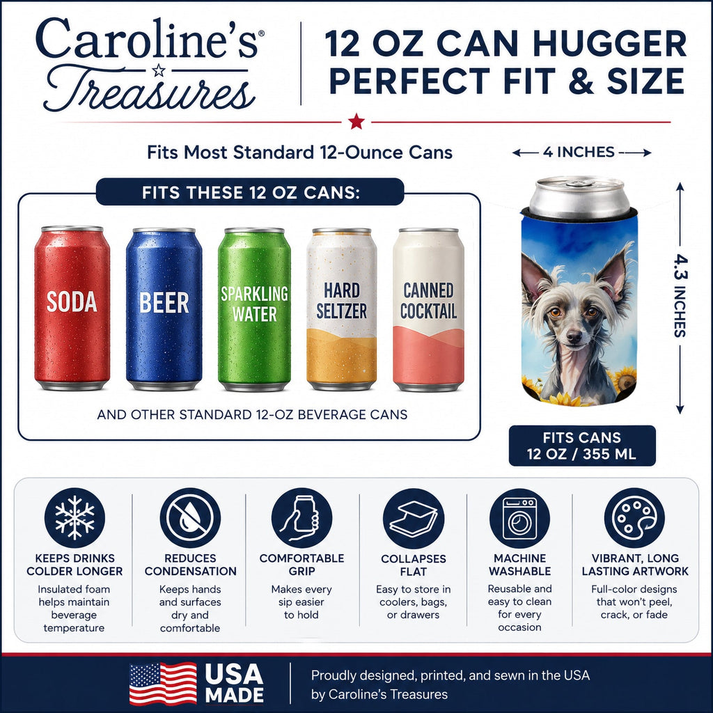 Chinese Crested in Sunflowers Can or Bottle Hugger Cooler Sleeve for Standard 12 oz Cans, Insulated Foam Beer & Soda Can Hugger Reusable