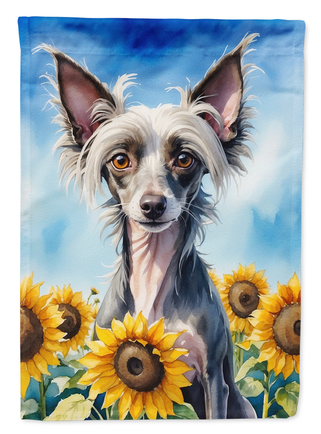 Chinese Crested in Sunflowers House Flag 28x40 Porch Sleeve Pole Decorative Outside Yard Banner Artwork Wall Hanging, Polyester