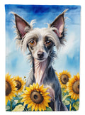 Chinese Crested in Sunflowers House Flag 28x40 Porch Sleeve Pole Decorative Outside Yard Banner Artwork Wall Hanging, Polyester