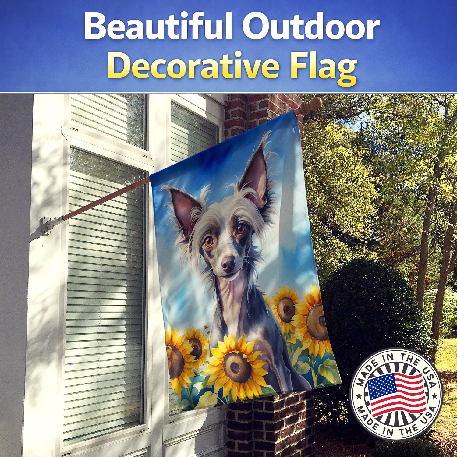 Chinese Crested in Sunflowers House Flag 28x40 Porch Sleeve Pole Decorative Outside Yard Banner Artwork Wall Hanging, Polyester