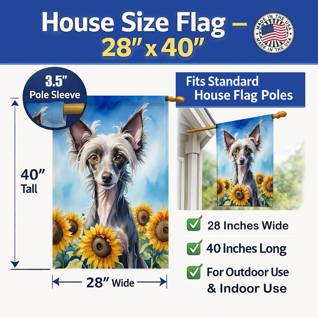Chinese Crested in Sunflowers House Flag 28x40 Porch Sleeve Pole Decorative Outside Yard Banner Artwork Wall Hanging, Polyester