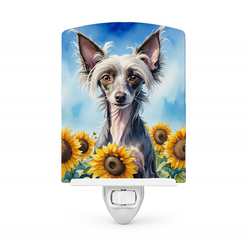 Chinese Crested in Sunflowers Ceramic Night Light Compact, UL-Certified, Ideal for Bedroom, Bathroom, Nursery, Hallway, Kitchen, 6x4x3, Multicolor