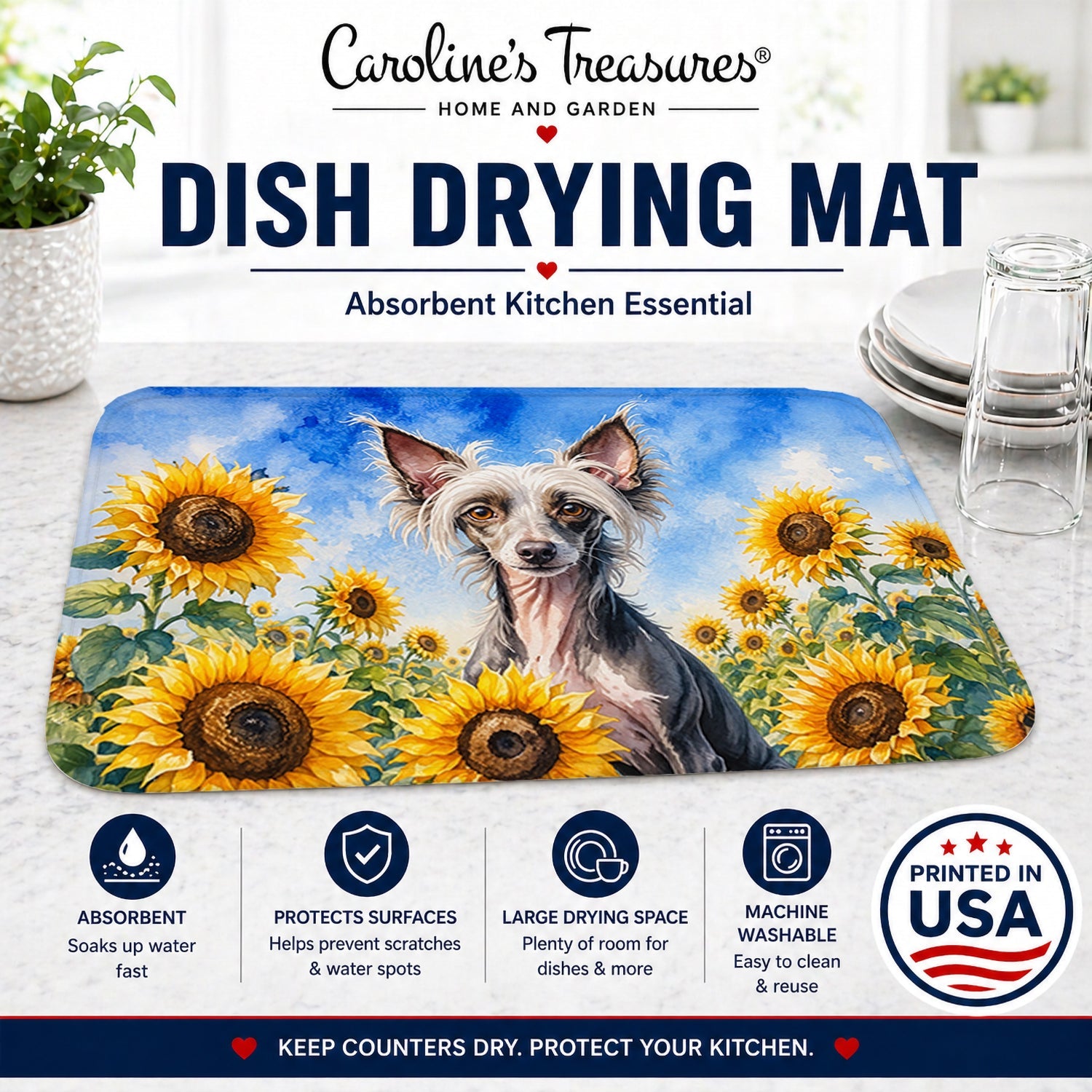 Chinese Crested in Sunflowers Dish Drying Mat Absorbent Dish Drying Mat Pad for Kitchen Counter Dish Drainer Mat for Countertop, 14 x 21", Multicolor