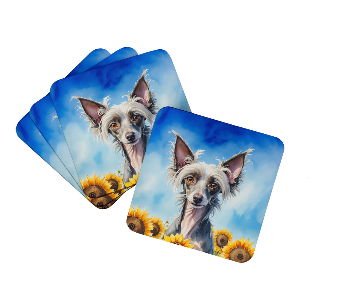 Chinese Crested in Sunflowers Foam Coasters Set of 4 Cup Coasters for Indoor Outdoor, Tabletop Protection, Anti Slip, Mouse pad Material