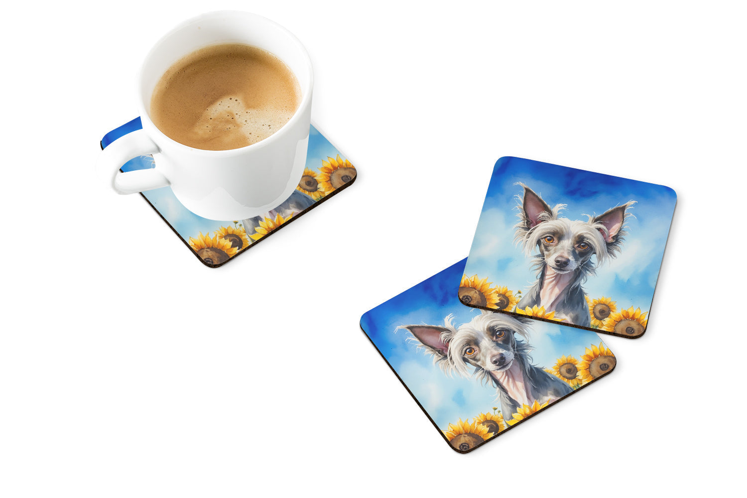 Chinese Crested in Sunflowers Foam Coasters Set of 4 Cup Coasters for Indoor Outdoor, Tabletop Protection, Anti Slip, Mouse pad Material
