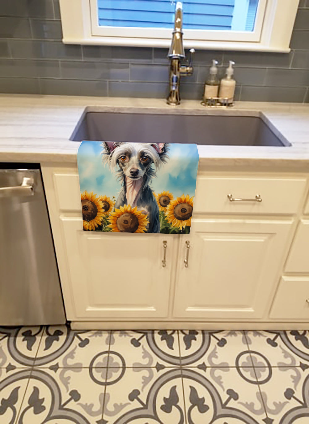 Chinese Crested in Sunflowers Kitchen Towel Velour Plush Front and Cotton Loop Back Machine Washable