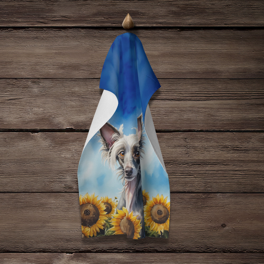 Chinese Crested in Sunflowers Kitchen Towel Velour Plush Front and Cotton Loop Back Machine Washable