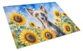 Chinese Crested in Sunflowers Cutting Board Tempered Glass Kitchen Cutting Surface, Heat Resistant Chopping Board with Non-Slip Feet, Decorative Food Prep & Serving
