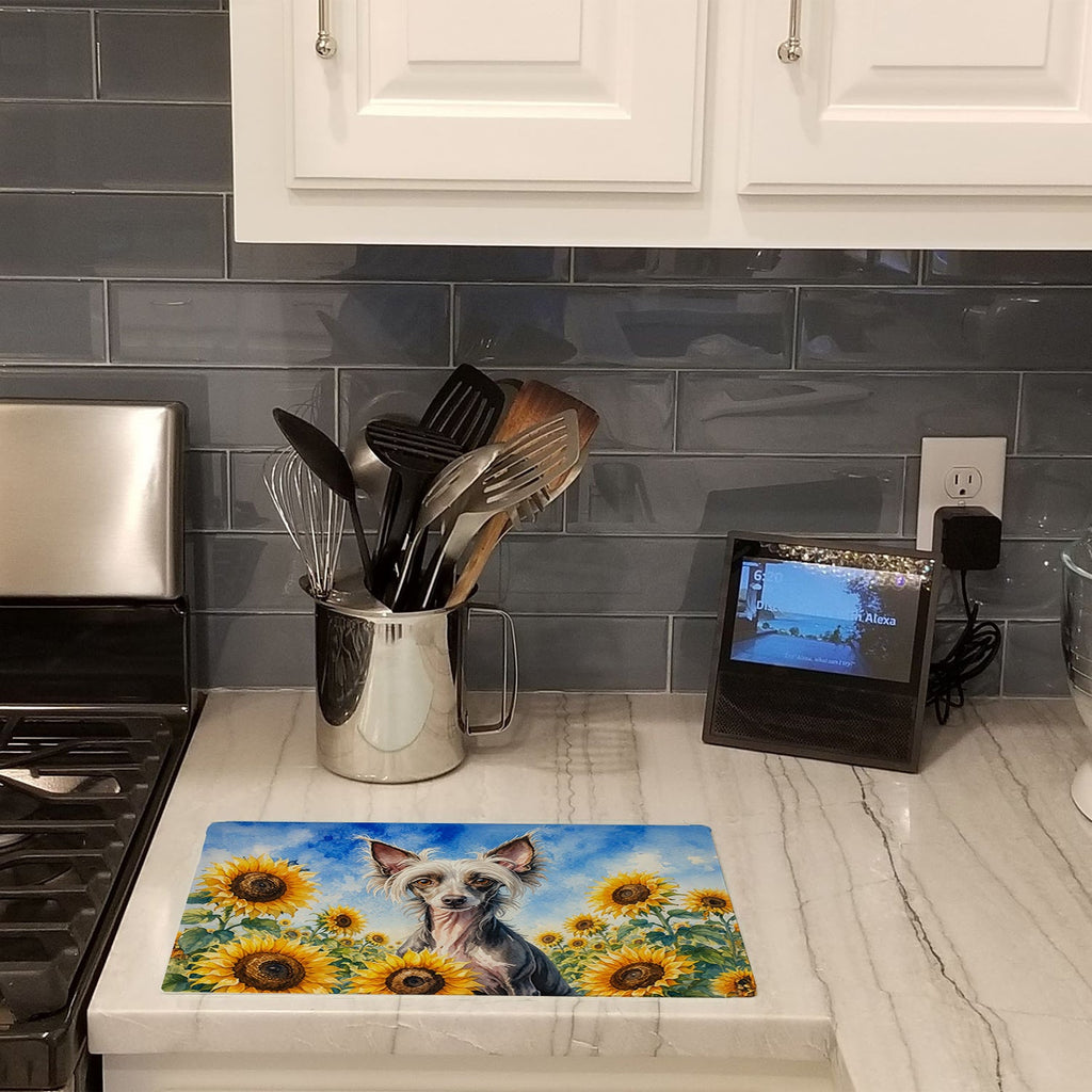 Chinese Crested in Sunflowers Cutting Board Tempered Glass Kitchen Cutting Surface, Heat Resistant Chopping Board with Non-Slip Feet, Decorative Food Prep & Serving