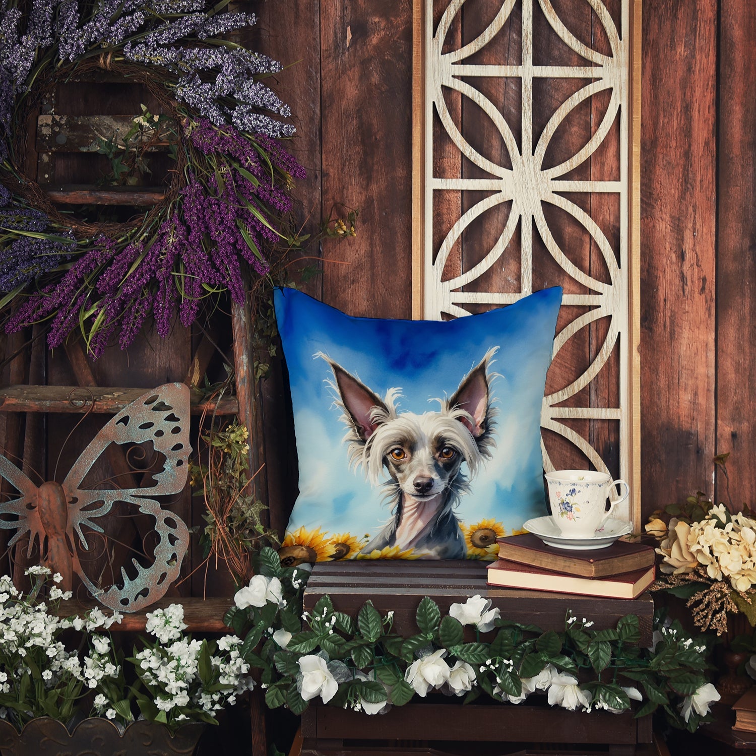 Chinese Crested in Sunflowers Decorative Throw Pillow 14x14 Indoor Outdoor Accent Cushion, Fabric Cover with Insert for Sofa, Bed, Porch & Living Room