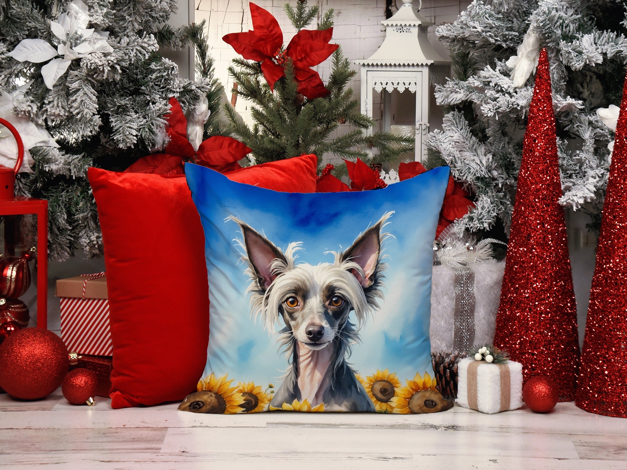 Chinese Crested in Sunflowers Decorative Throw Pillow 14x14 Indoor Outdoor Accent Cushion, Fabric Cover with Insert for Sofa, Bed, Porch & Living Room