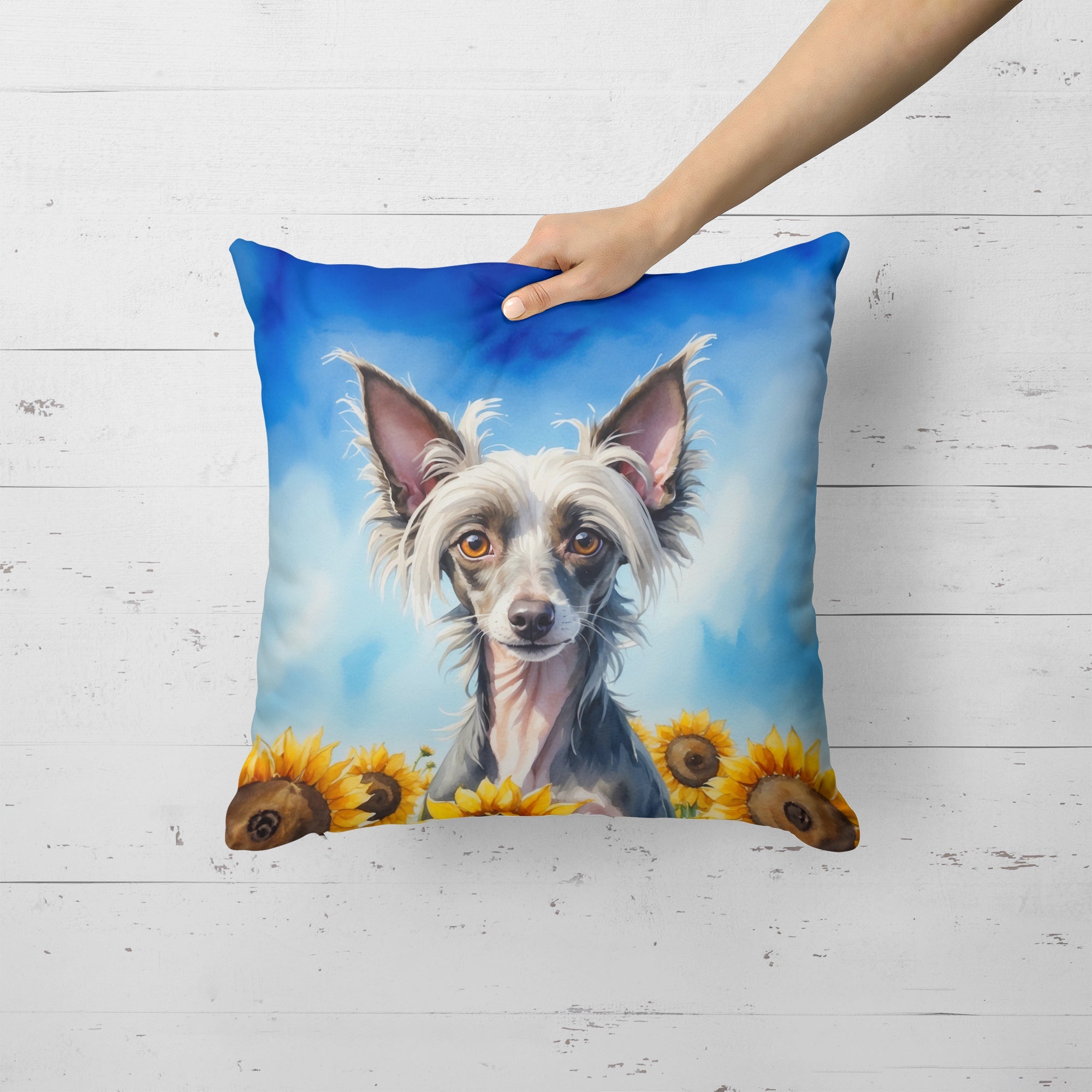 Chinese Crested in Sunflowers Decorative Throw Pillow 18x18 Indoor Outdoor Accent Cushion, Fabric Cover with Insert for Sofa, Bed, Porch & Living Room