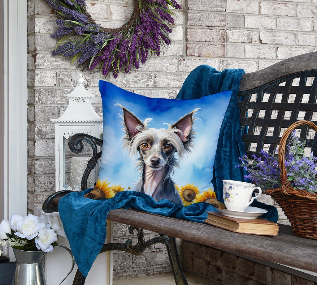 Chinese Crested in Sunflowers Decorative Throw Pillow 18x18 Indoor Outdoor Accent Cushion, Fabric Cover with Insert for Sofa, Bed, Porch & Living Room