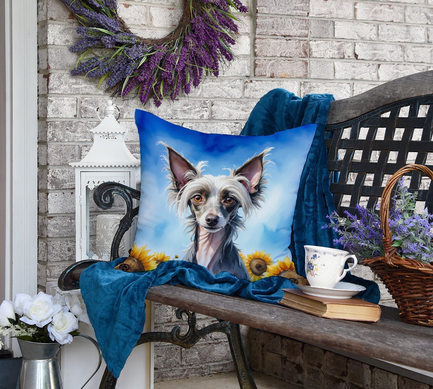 Chinese Crested in Sunflowers Decorative Throw Pillow 18x18 Indoor Outdoor Accent Cushion, Fabric Cover with Insert for Sofa, Bed, Porch & Living Room