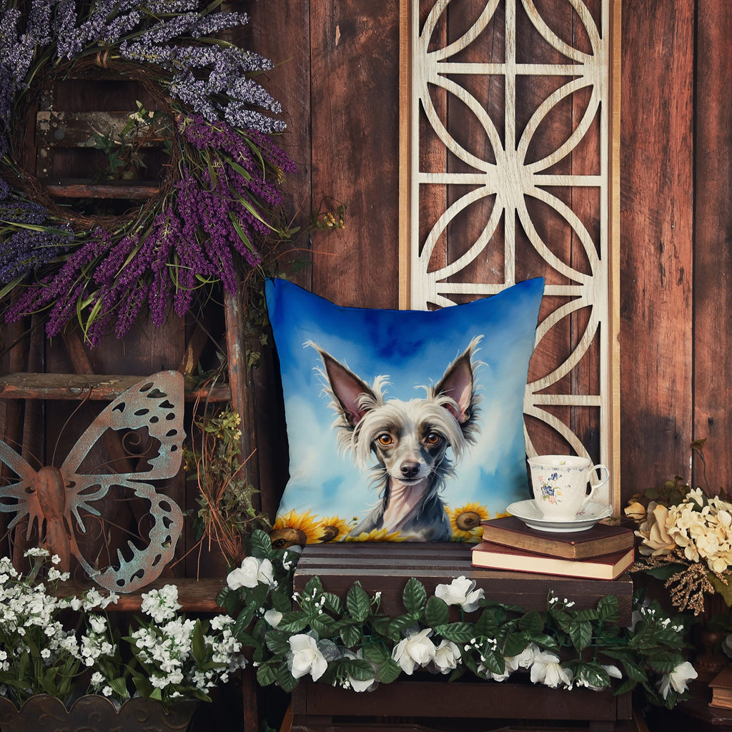 Chinese Crested in Sunflowers Decorative Throw Pillow 18x18 Indoor Outdoor Accent Cushion, Fabric Cover with Insert for Sofa, Bed, Porch & Living Room