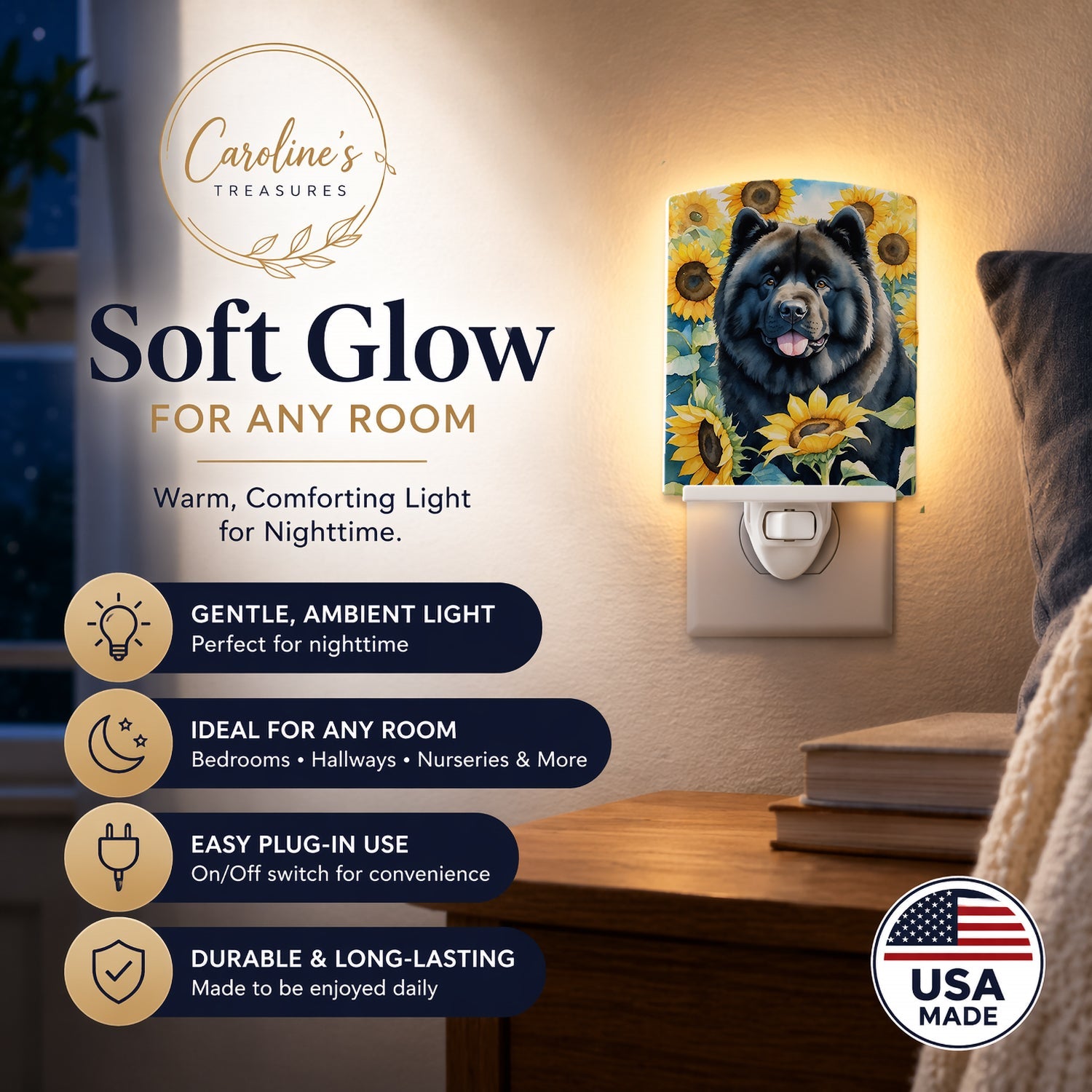 Chow Chow in Sunflowers Ceramic Night Light Compact, UL-Certified, Ideal for Bedroom, Bathroom, Nursery, Hallway, Kitchen, 6x4x3, Multicolor