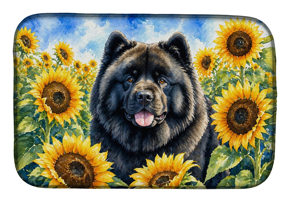 Chow Chow in Sunflowers Dish Drying Mat Absorbent Dish Drying Mat Pad for Kitchen Counter Dish Drainer Mat for Countertop, 14 x 21", Multicolor