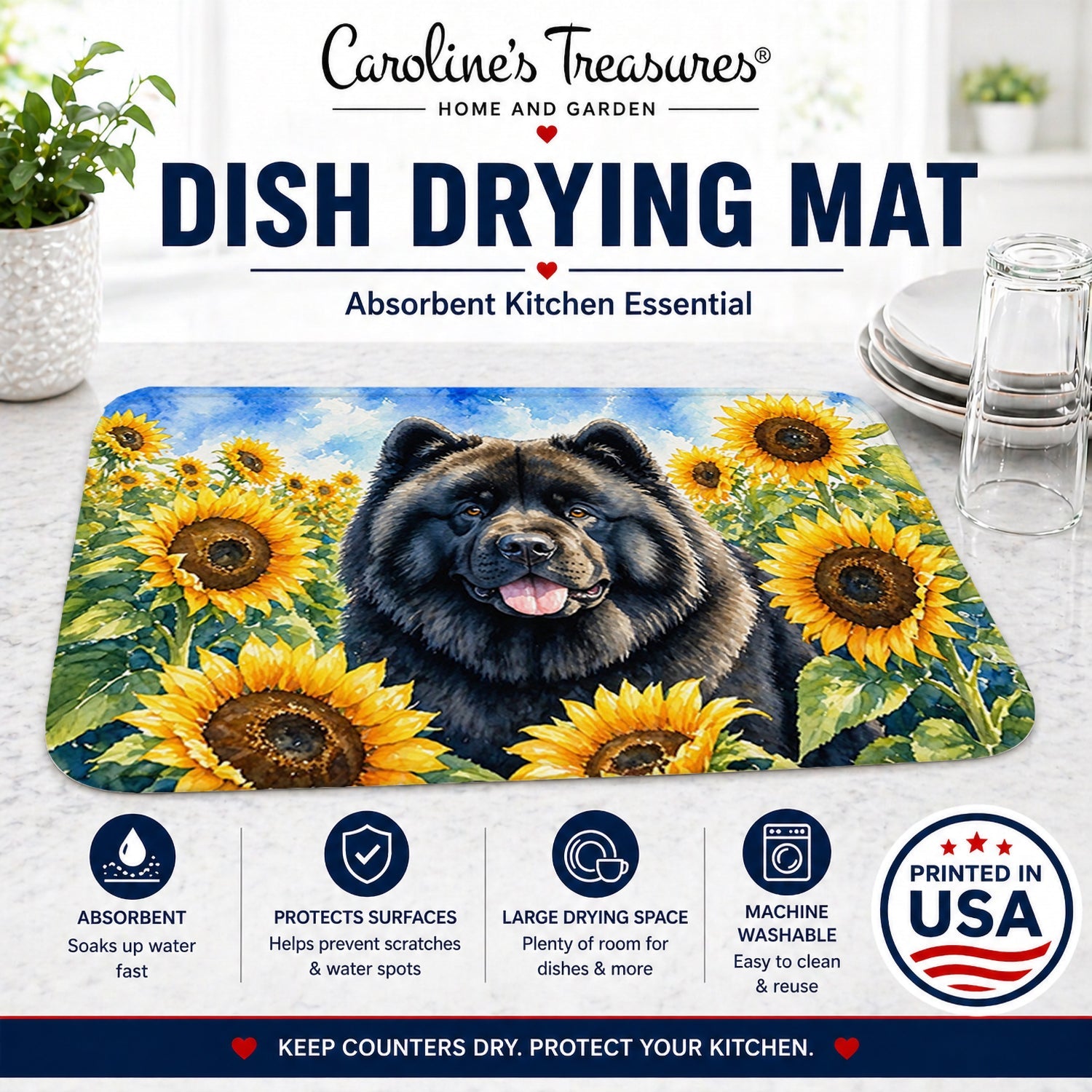 Chow Chow in Sunflowers Dish Drying Mat Absorbent Dish Drying Mat Pad for Kitchen Counter Dish Drainer Mat for Countertop, 14 x 21", Multicolor