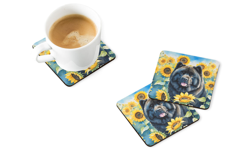 Chow Chow in Sunflowers Foam Coasters Set of 4 Cup Coasters for Indoor Outdoor, Tabletop Protection, Anti Slip, Mouse pad Material