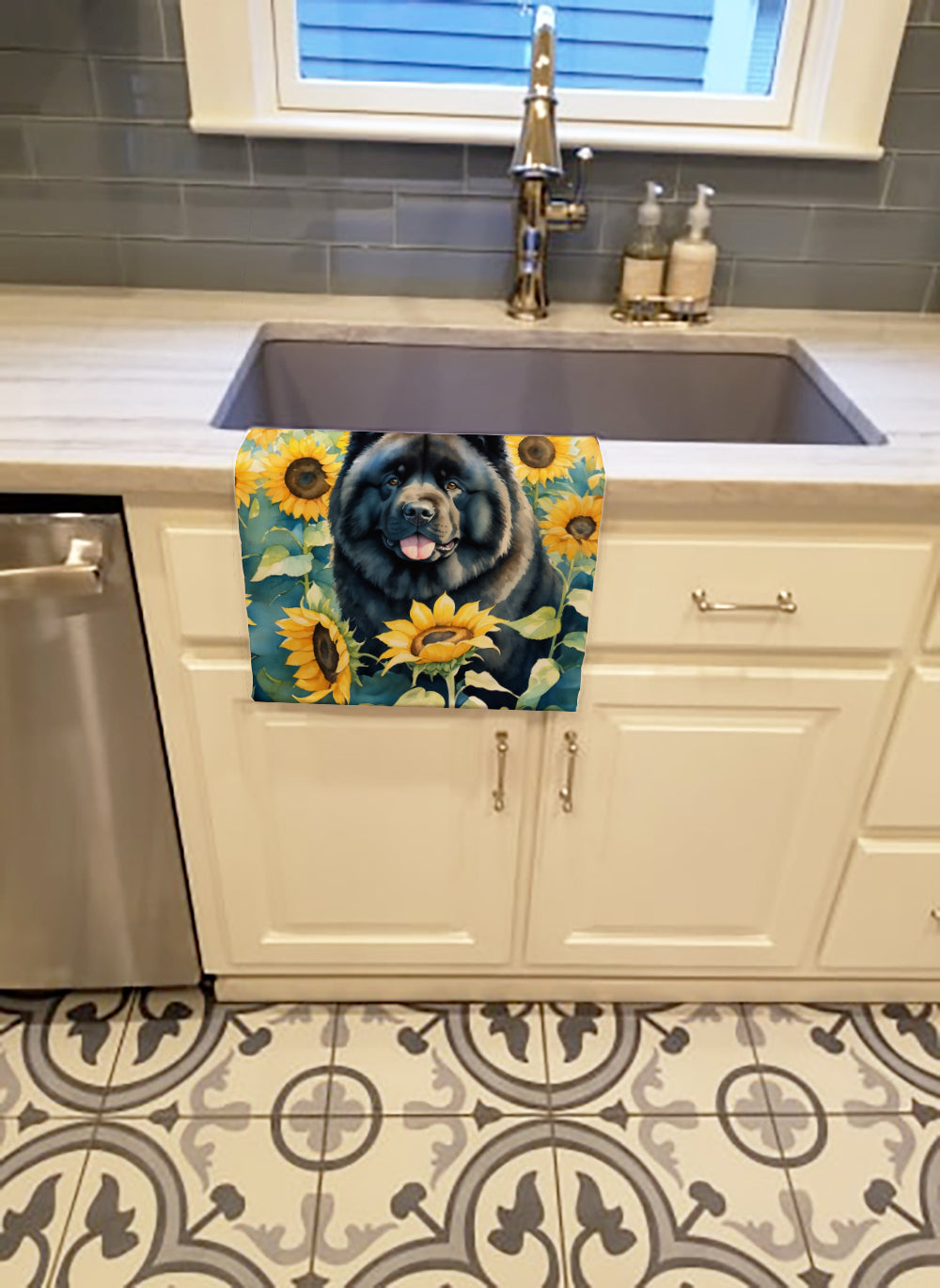 Chow Chow in Sunflowers Kitchen Towel Velour Plush Front and Cotton Loop Back Machine Washable