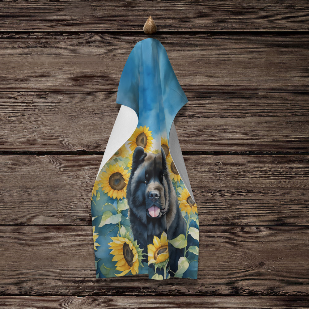 Chow Chow in Sunflowers Kitchen Towel Velour Plush Front and Cotton Loop Back Machine Washable