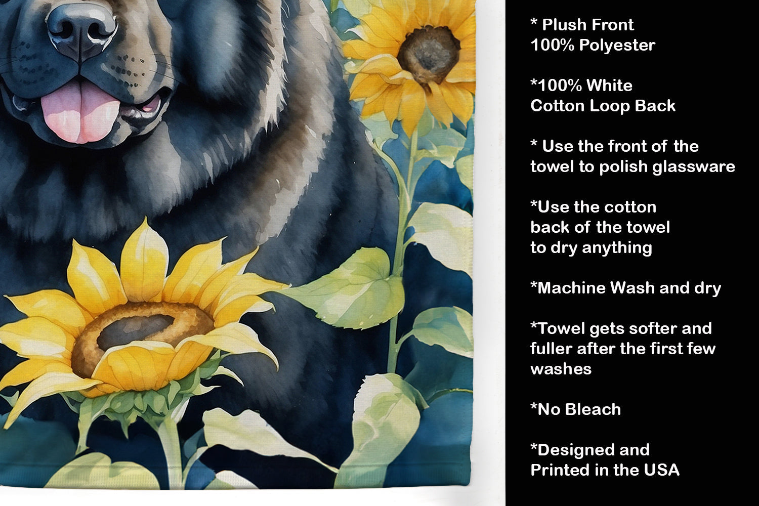 Chow Chow in Sunflowers Kitchen Towel Velour Plush Front and Cotton Loop Back Machine Washable