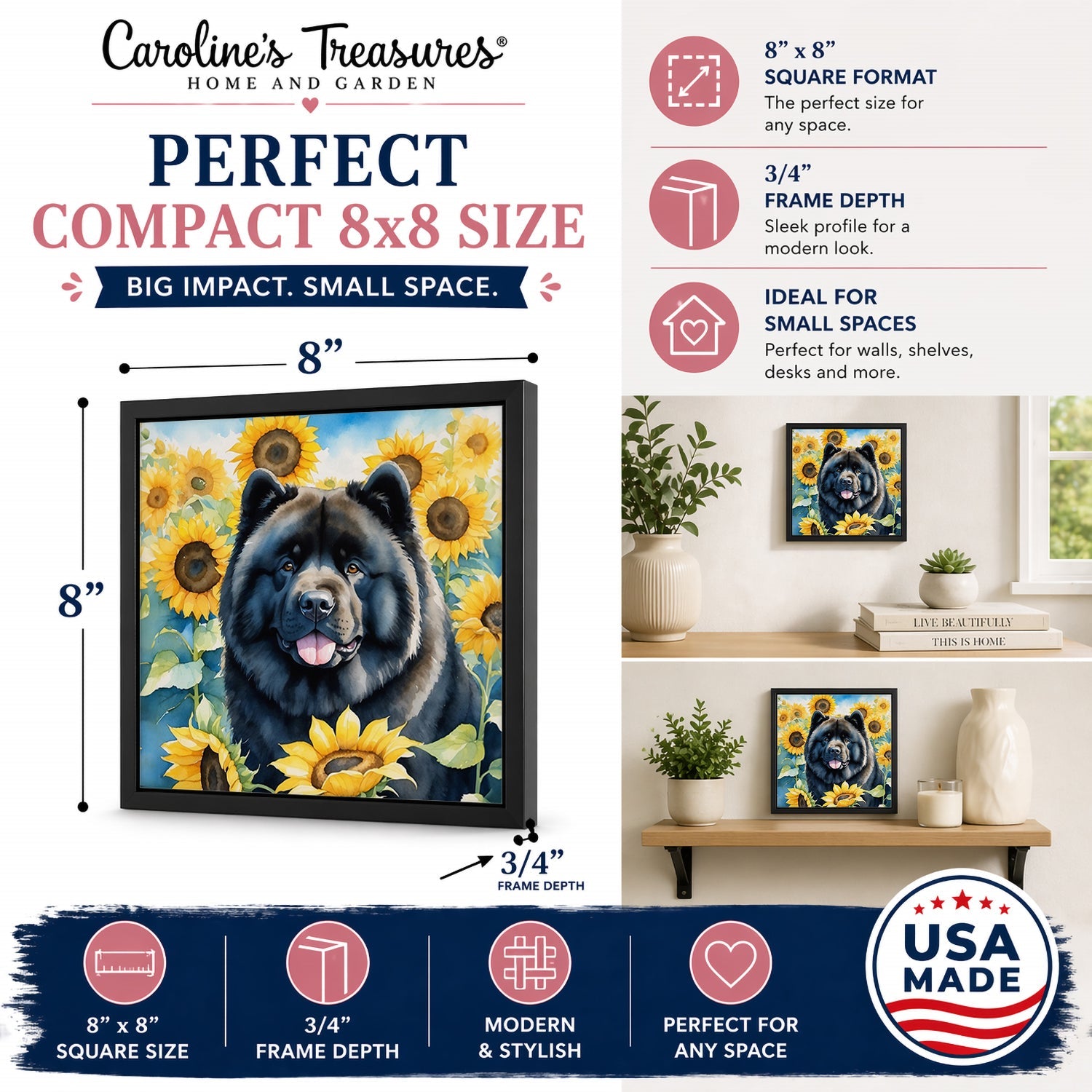 Chow Chow in Sunflowers Framed Metal Print Bathroom, Kitchen, Office, Home Decor Wall Art Ready to Hang, Square, 8X8
