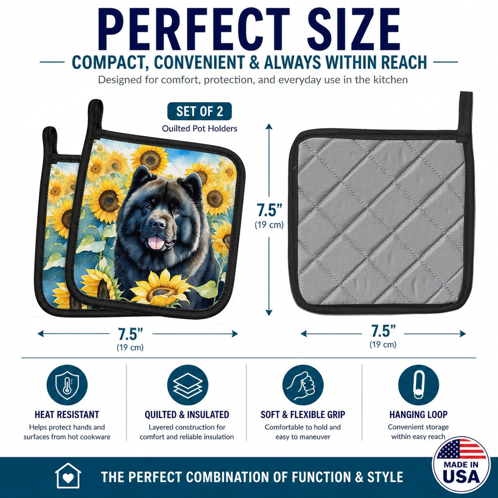 Chow Chow in Sunflowers Pot Holder Set of 2 Heat Resistant Quilted Hot Pads 7.5 x 7.5 Inch, Insulated Kitchen Trivets for Cooking & Baking