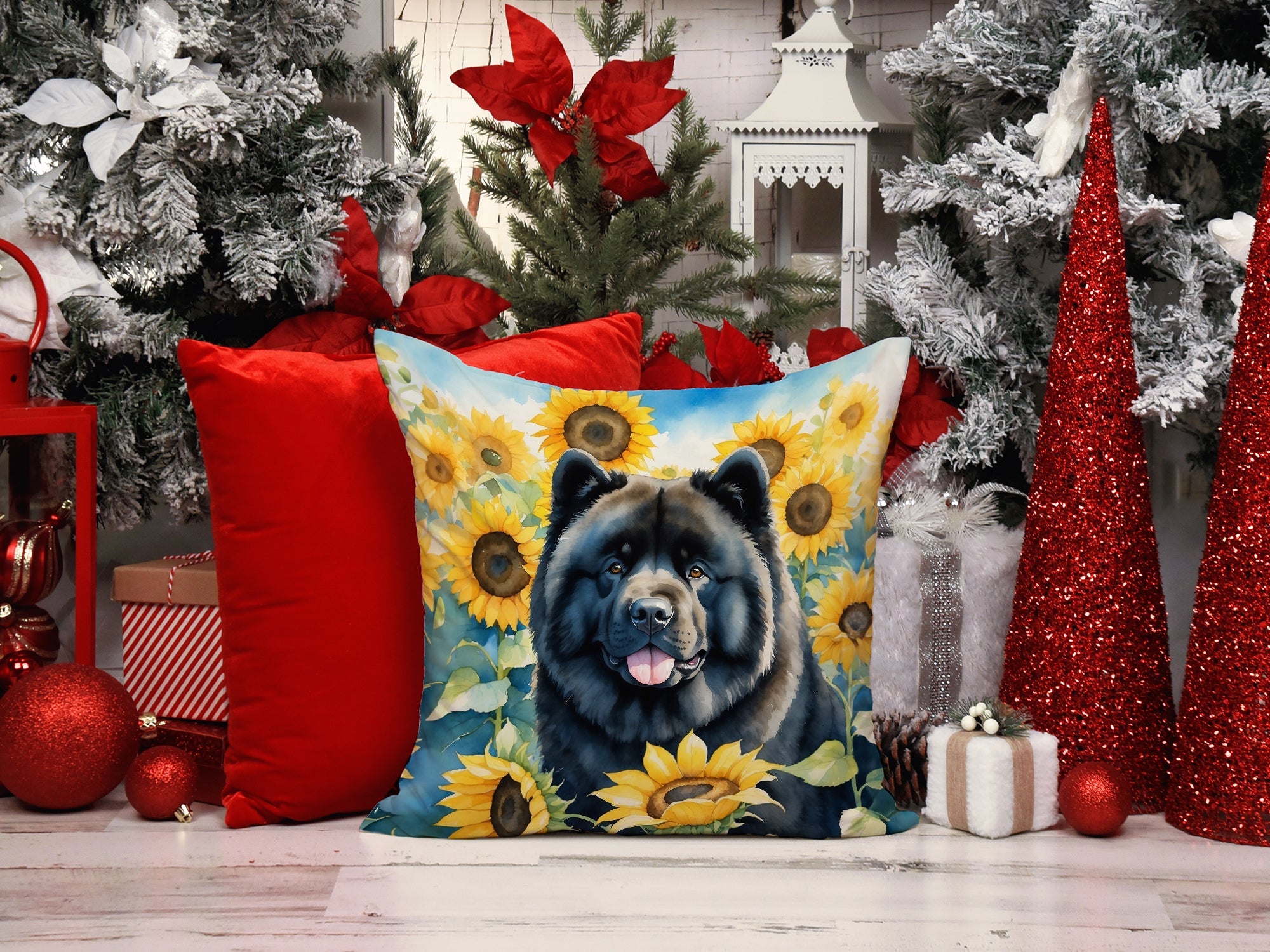 Chow Chow in Sunflowers Decorative Throw Pillow 14x14 Indoor Outdoor Accent Cushion, Fabric Cover with Insert for Sofa, Bed, Porch & Living Room
