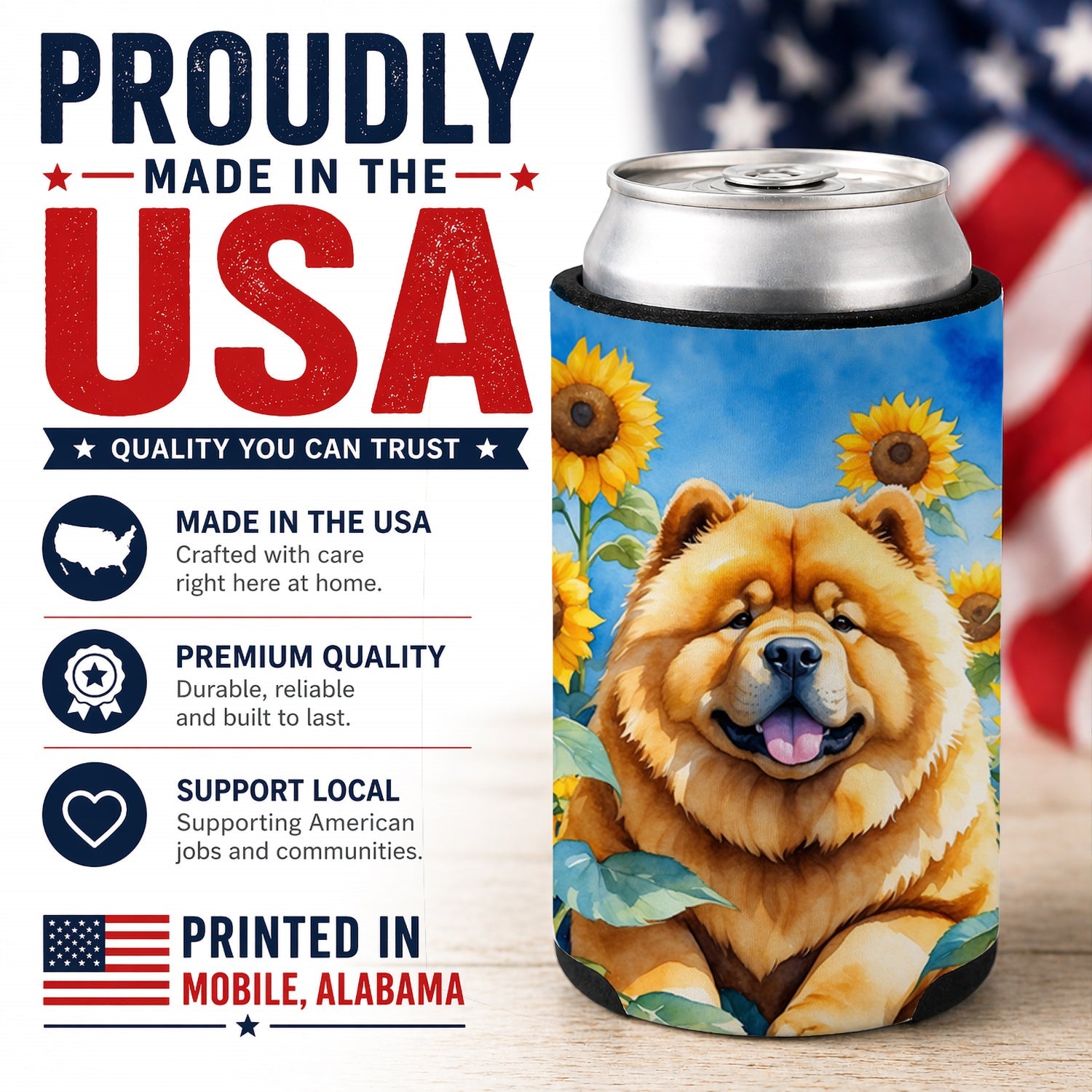 Chow Chow in Sunflowers Can or Bottle Hugger Cooler Sleeve for Standard 12 oz Cans, Insulated Foam Beer & Soda Can Hugger Reusable