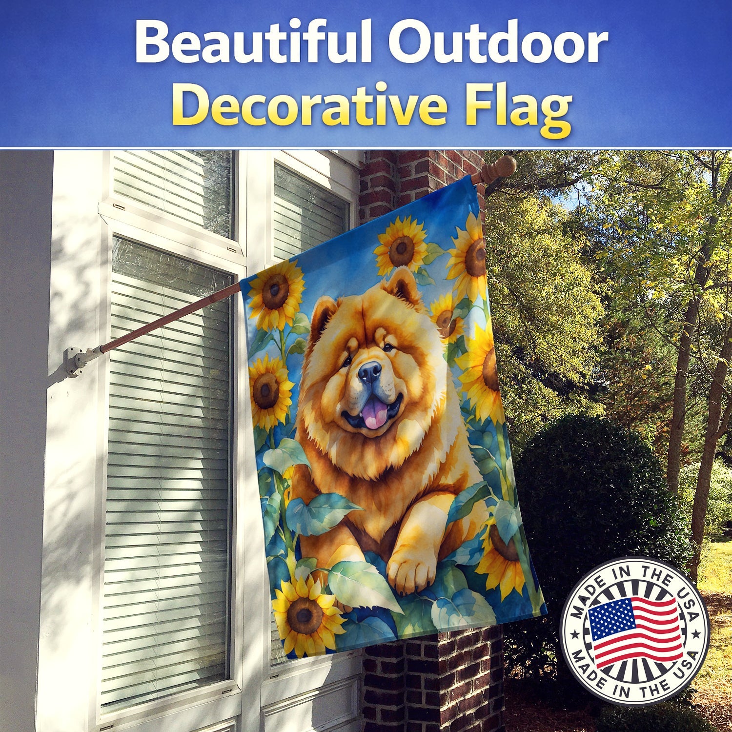 Chow Chow in Sunflowers House Flag 28x40 Porch Sleeve Pole Decorative Outside Yard Banner Artwork Wall Hanging, Polyester