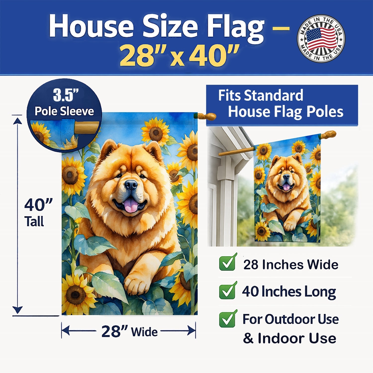 Chow Chow in Sunflowers House Flag 28x40 Porch Sleeve Pole Decorative Outside Yard Banner Artwork Wall Hanging, Polyester