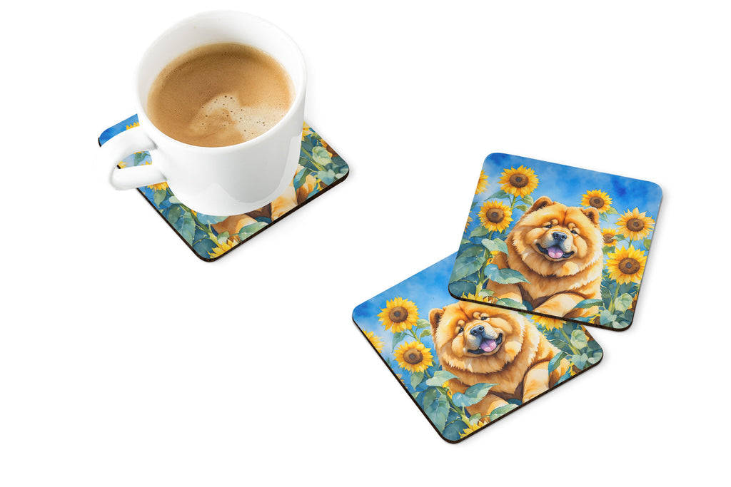 Chow Chow in Sunflowers Foam Coasters Set of 4 Cup Coasters for Indoor Outdoor, Tabletop Protection, Anti Slip, Mouse pad Material