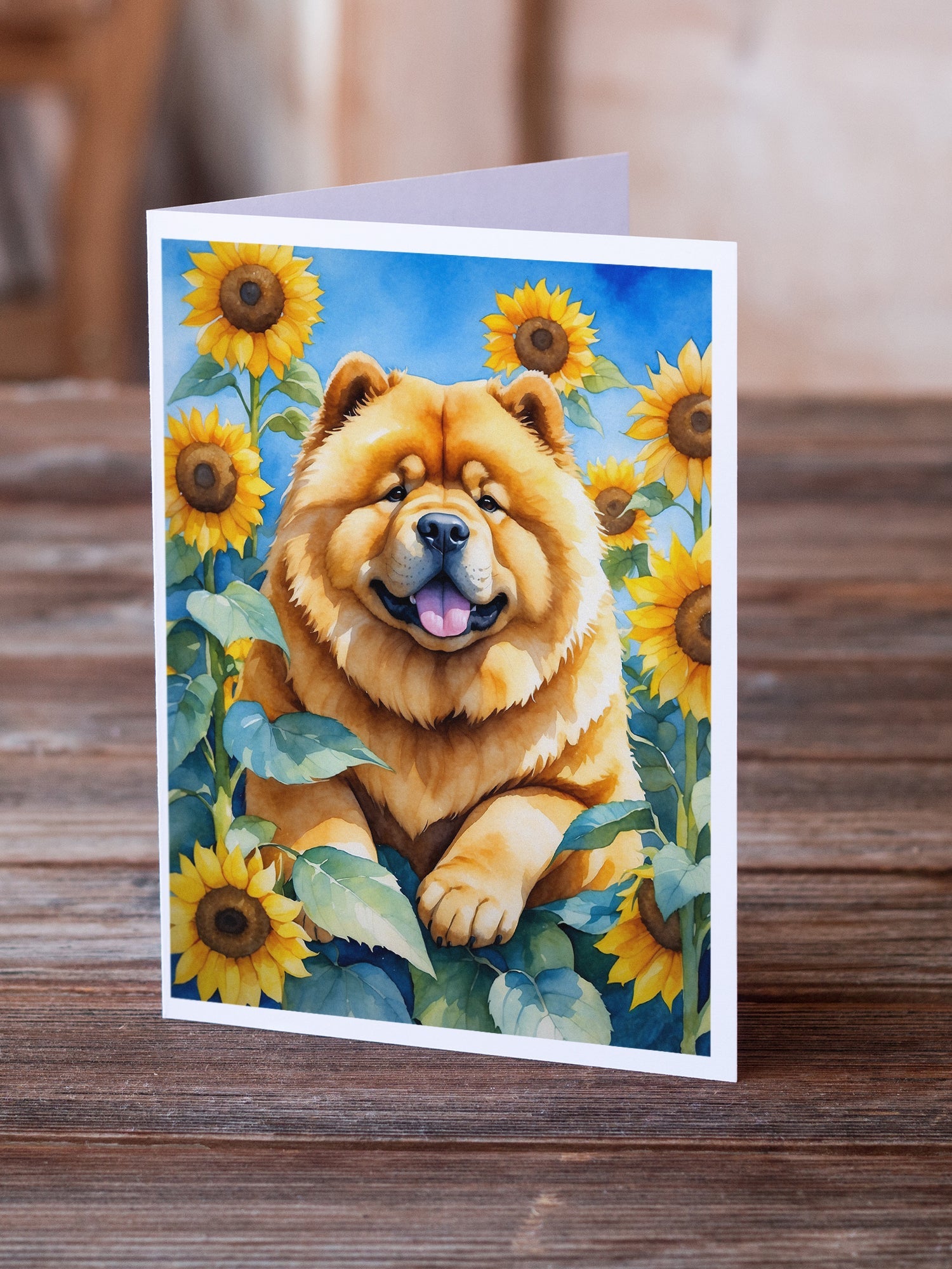 Chow Chow in Sunflowers Greeting Cards Pack of 8 Blank Cards with Envelopes Whimsical A7 Size 5x7