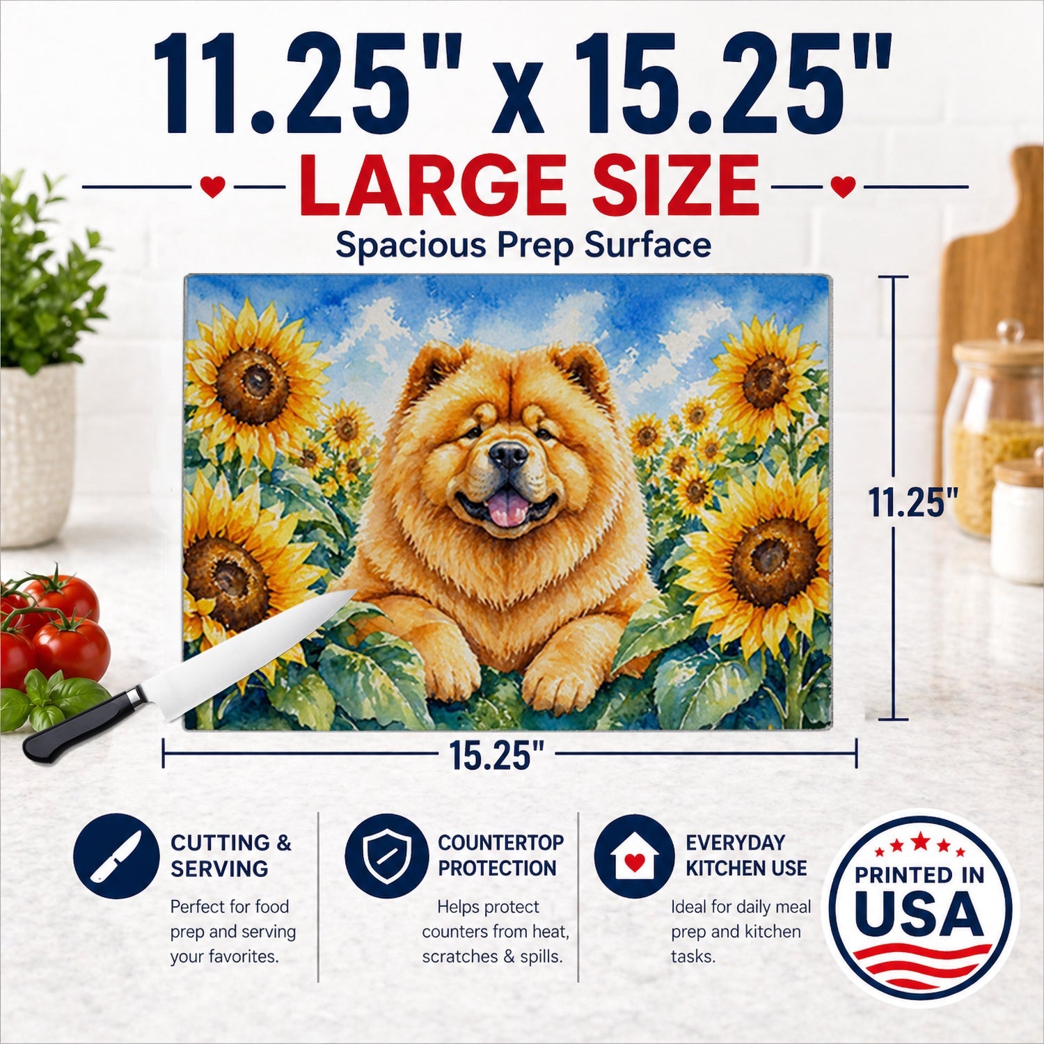 Chow Chow in Sunflowers Cutting Board Tempered Glass Kitchen Cutting Surface, Heat Resistant Chopping Board with Non-Slip Feet, Decorative Food Prep & Serving