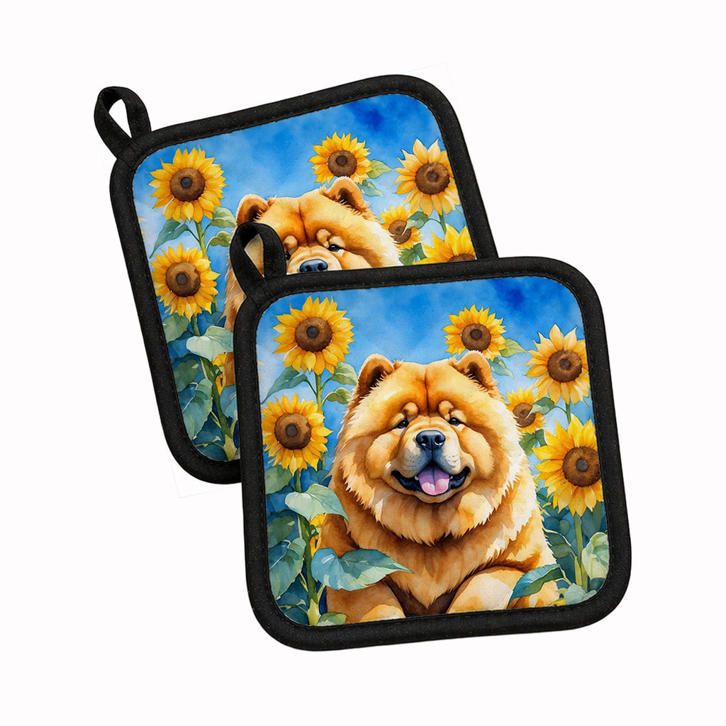 Chow Chow in Sunflowers Pot Holder Set of 2 Heat Resistant Quilted Hot Pads 7.5 x 7.5 Inch, Insulated Kitchen Trivets for Cooking & Baking