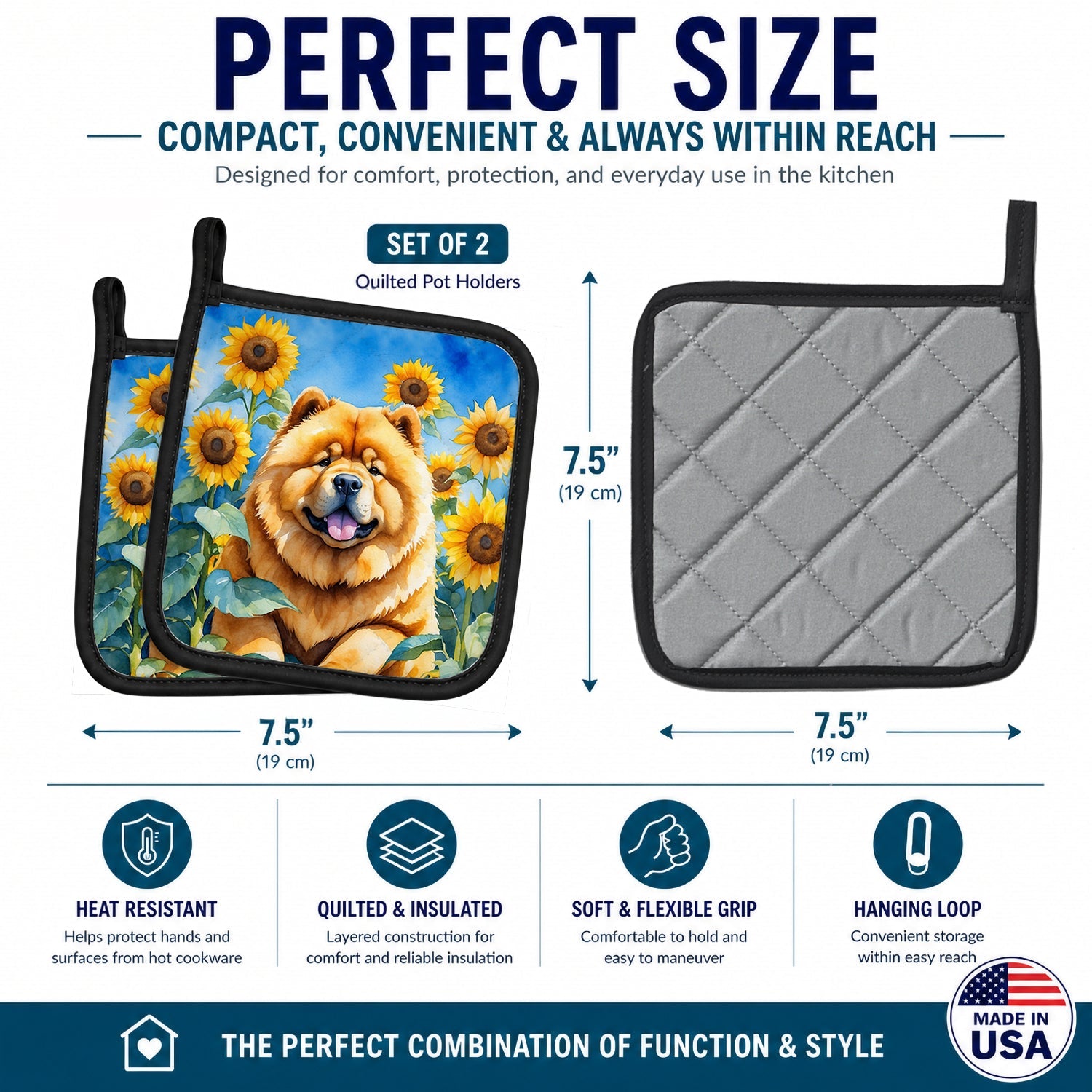 Chow Chow in Sunflowers Pot Holder Set of 2 Heat Resistant Quilted Hot Pads 7.5 x 7.5 Inch, Insulated Kitchen Trivets for Cooking & Baking