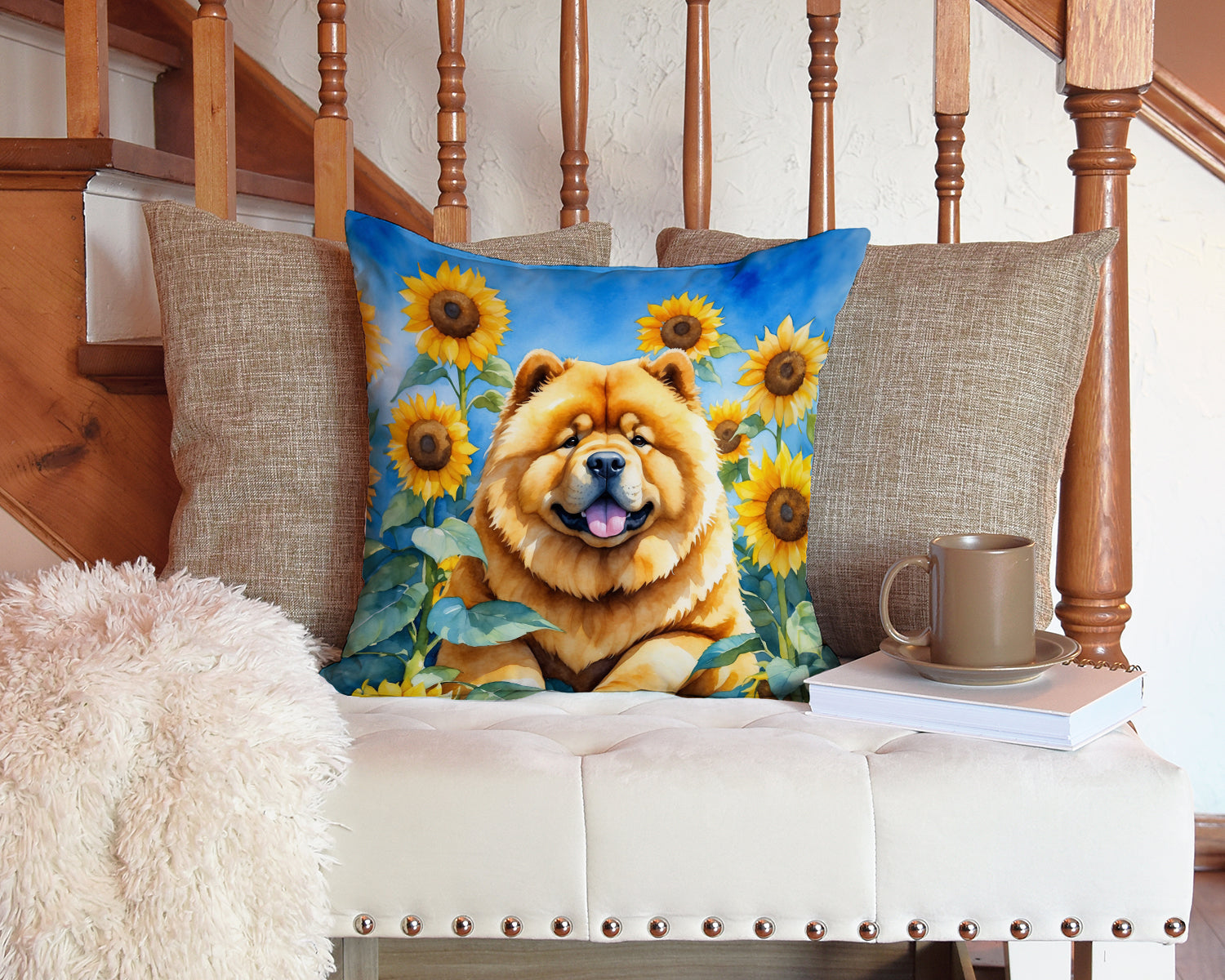 Chow Chow in Sunflowers Decorative Throw Pillow 14x14 Indoor Outdoor Accent Cushion, Fabric Cover with Insert for Sofa, Bed, Porch & Living Room
