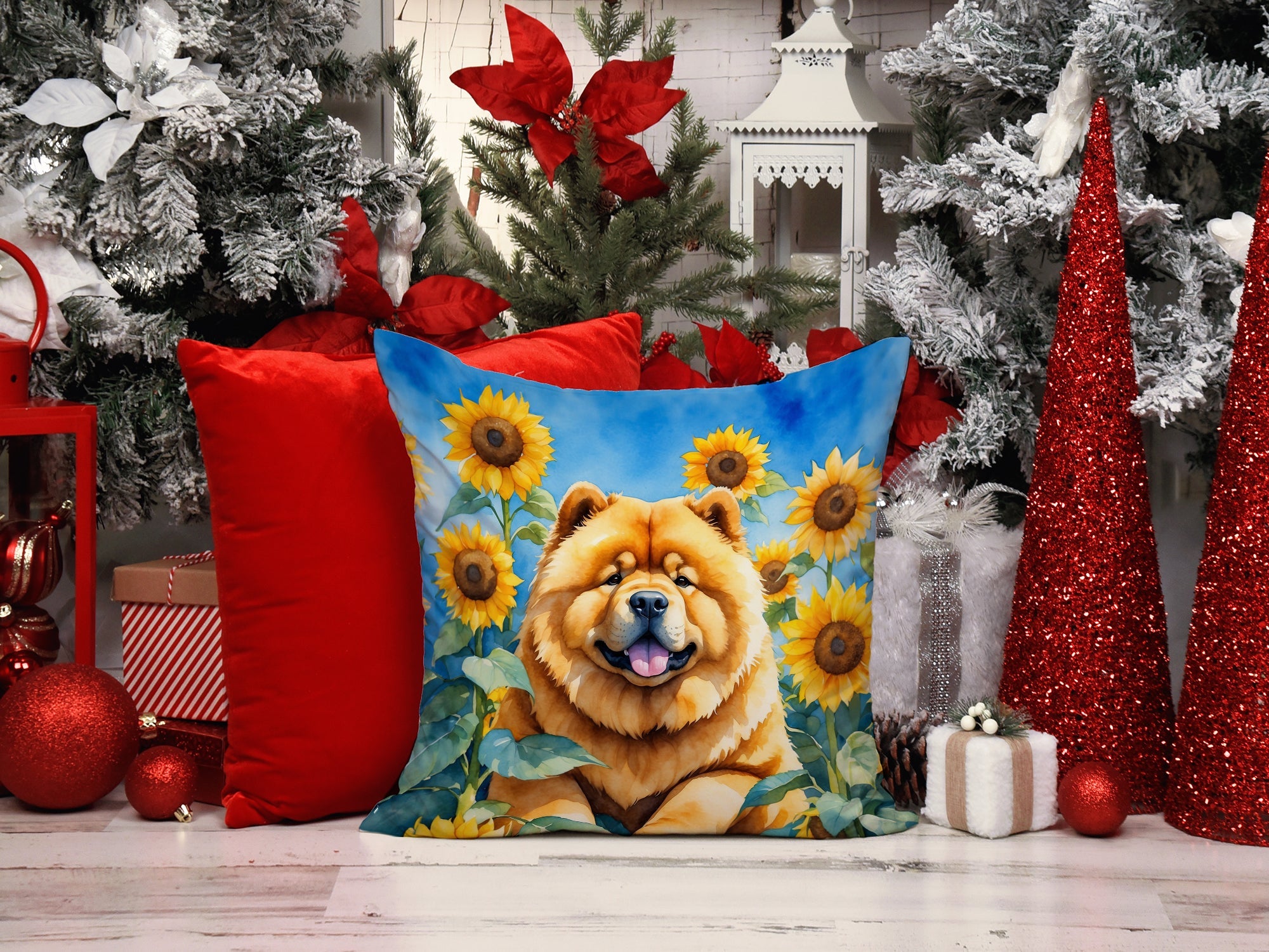 Chow Chow in Sunflowers Decorative Throw Pillow 14x14 Indoor Outdoor Accent Cushion, Fabric Cover with Insert for Sofa, Bed, Porch & Living Room