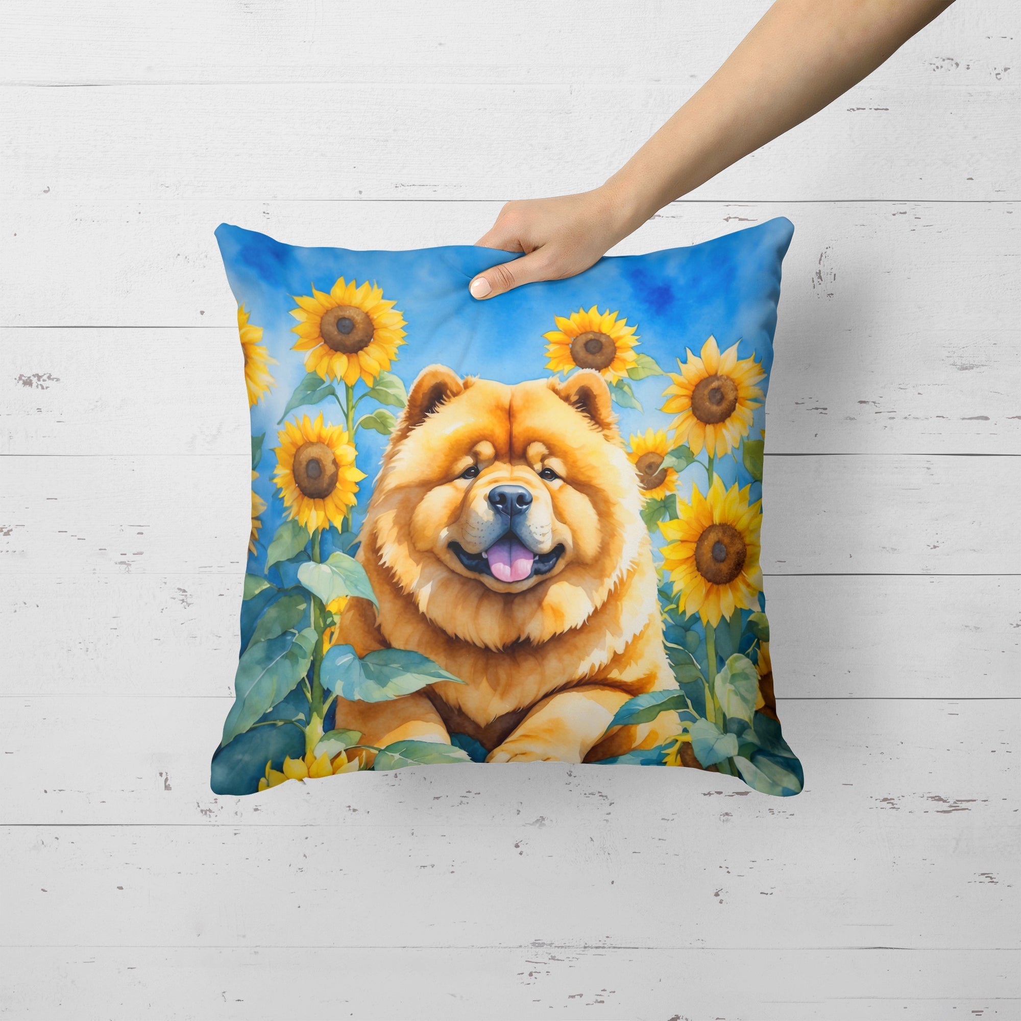 Chow Chow in Sunflowers Decorative Throw Pillow 18x18 Indoor Outdoor Accent Cushion, Fabric Cover with Insert for Sofa, Bed, Porch & Living Room