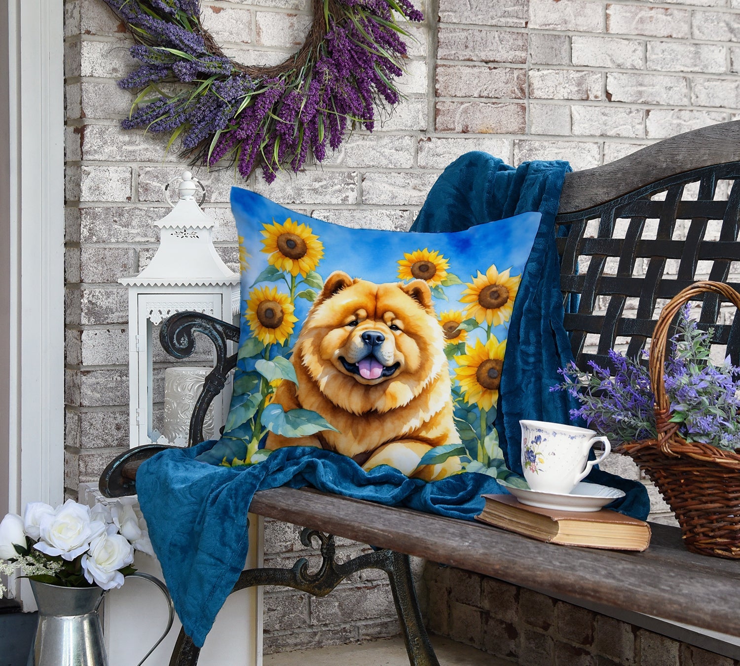 Chow Chow in Sunflowers Decorative Throw Pillow 18x18 Indoor Outdoor Accent Cushion, Fabric Cover with Insert for Sofa, Bed, Porch & Living Room