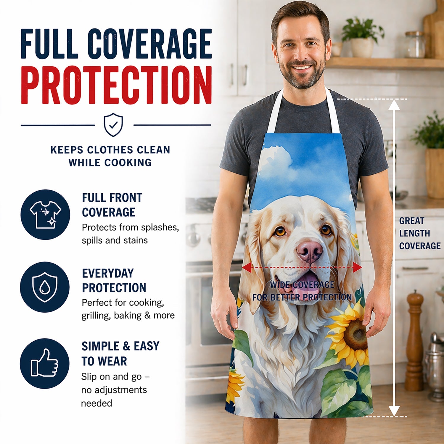 Clumber Spaniel in Sunflowers Apron Cooking Kitchen Server Baking Crafts Gardening for Adult Women Men, Unisex, Large, Multicolor