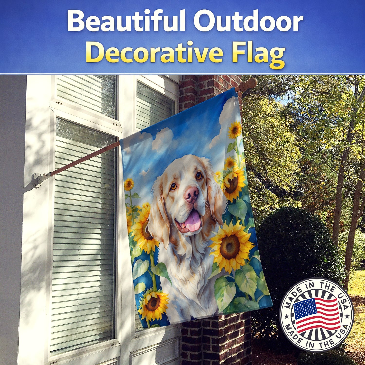 Clumber Spaniel in Sunflowers House Flag 28x40 Porch Sleeve Pole Decorative Outside Yard Banner Artwork Wall Hanging, Polyester