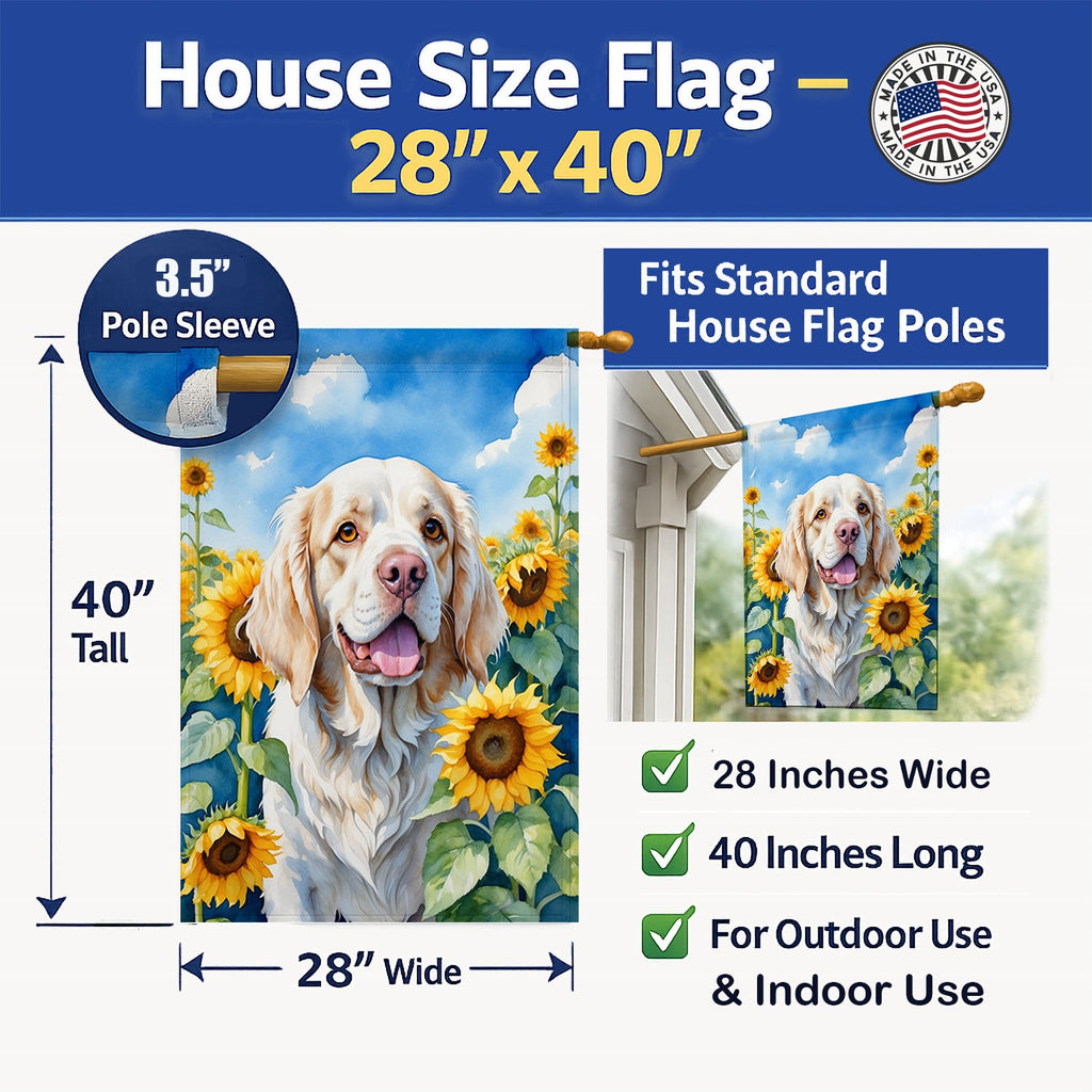 Clumber Spaniel in Sunflowers House Flag 28x40 Porch Sleeve Pole Decorative Outside Yard Banner Artwork Wall Hanging, Polyester