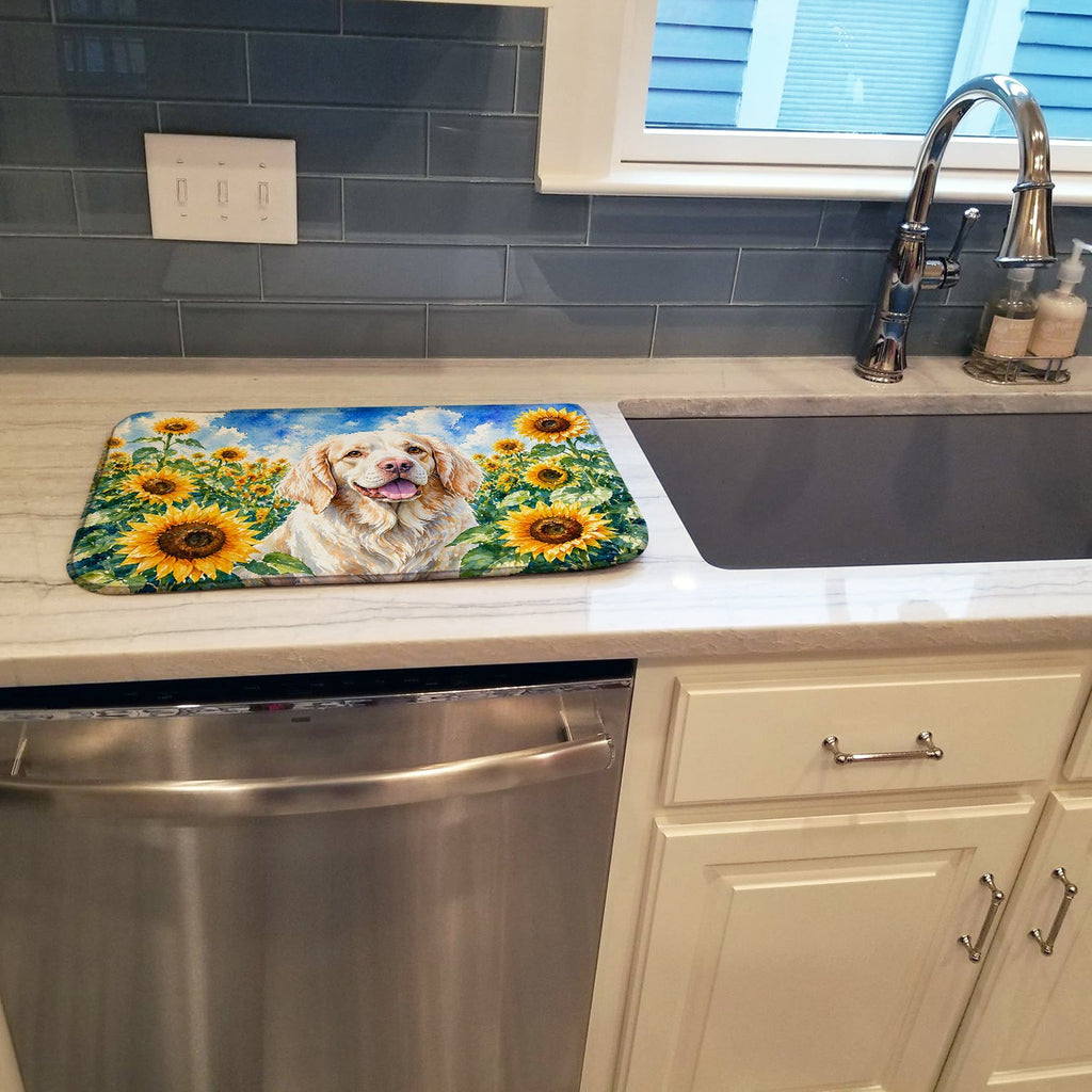 Clumber Spaniel in Sunflowers Dish Drying Mat Absorbent Dish Drying Mat Pad for Kitchen Counter Dish Drainer Mat for Countertop, 14 x 21", Multicolor