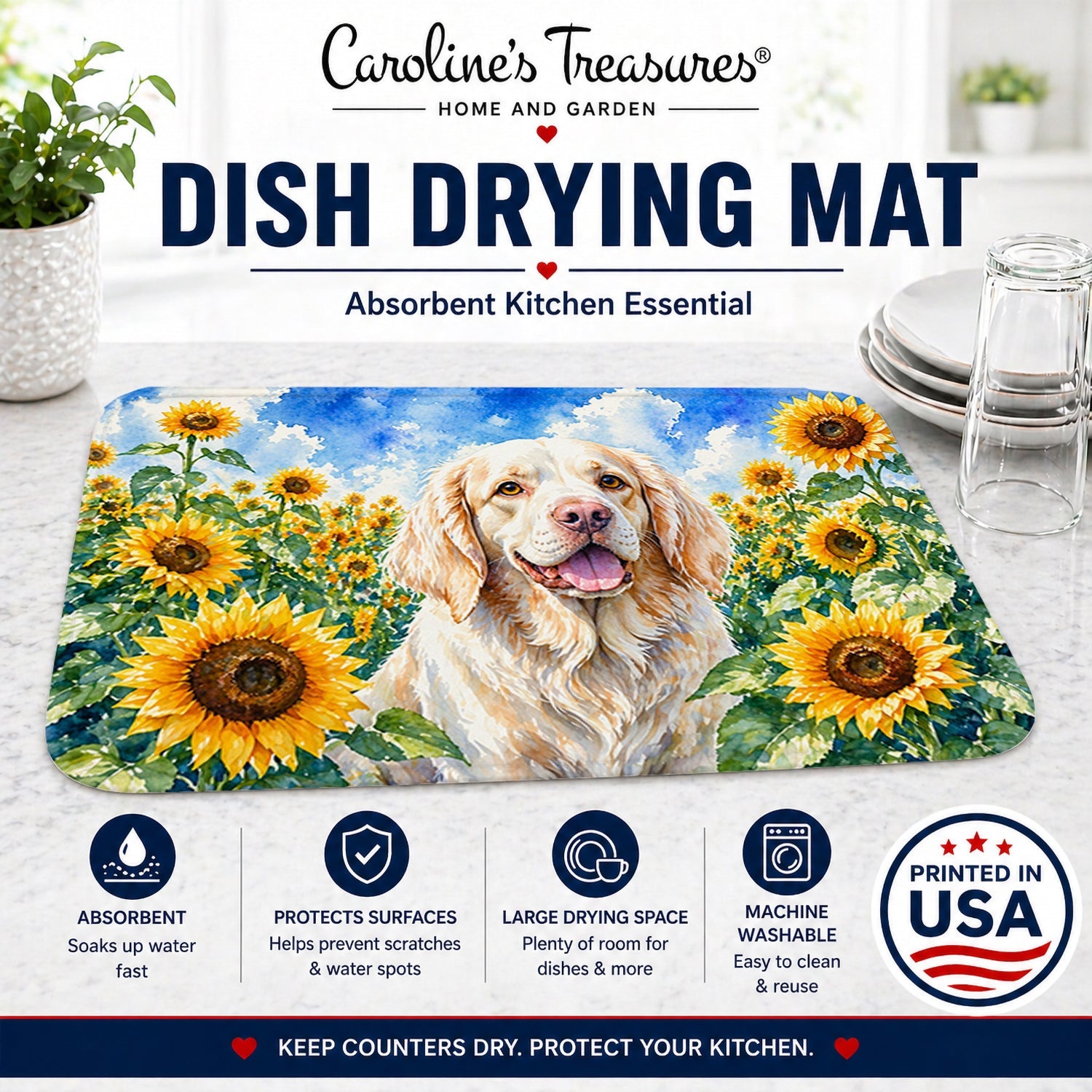 Clumber Spaniel in Sunflowers Dish Drying Mat Absorbent Dish Drying Mat Pad for Kitchen Counter Dish Drainer Mat for Countertop, 14 x 21", Multicolor