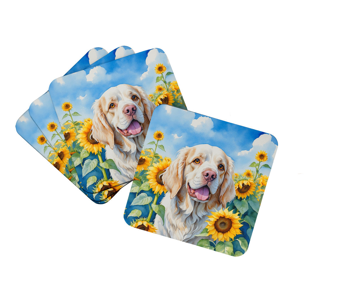 Clumber Spaniel in Sunflowers Foam Coasters Set of 4 Cup Coasters for Indoor Outdoor, Tabletop Protection, Anti Slip, Mouse pad Material