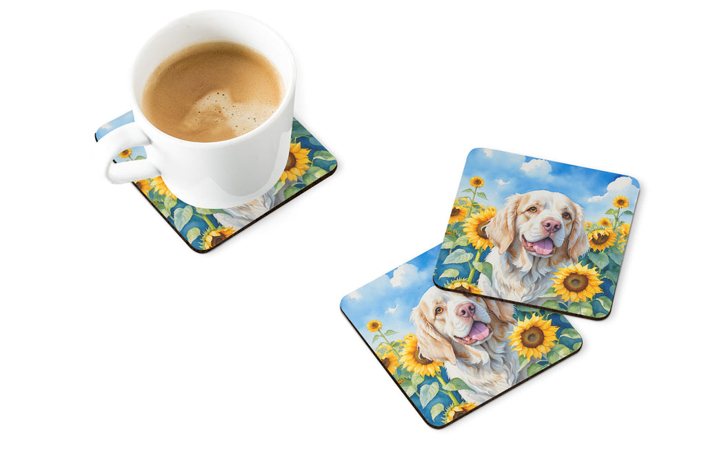 Clumber Spaniel in Sunflowers Foam Coasters Set of 4 Cup Coasters for Indoor Outdoor, Tabletop Protection, Anti Slip, Mouse pad Material