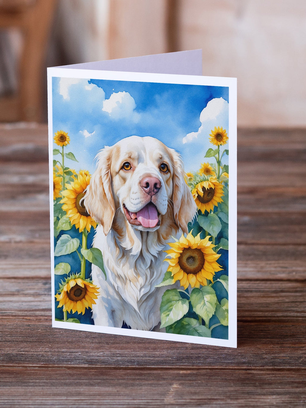 Clumber Spaniel in Sunflowers Greeting Cards Pack of 8 Blank Cards with Envelopes Whimsical A7 Size 5x7