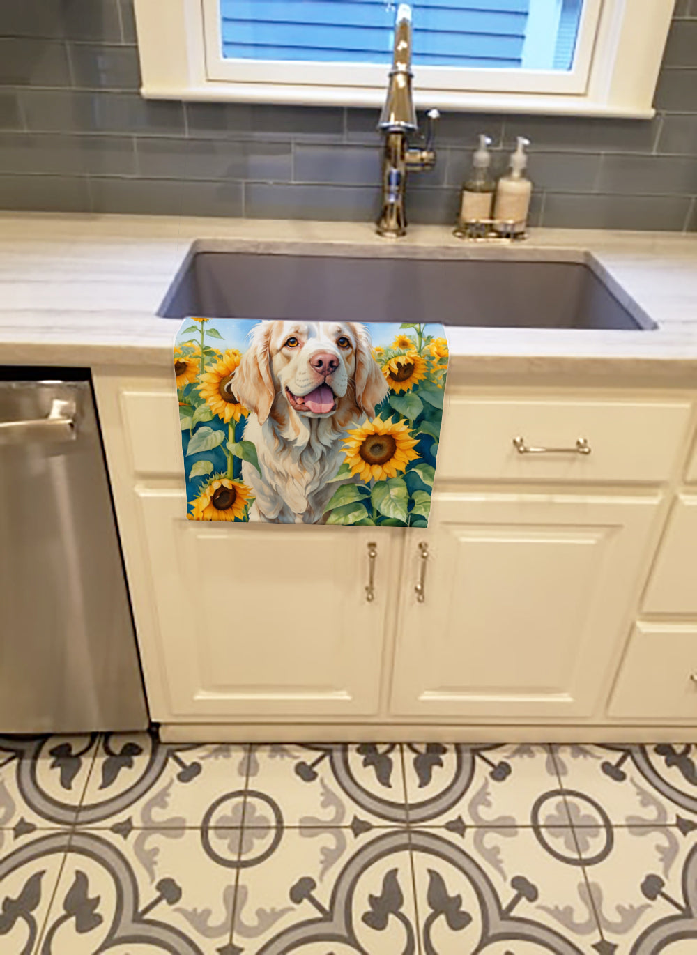 Clumber Spaniel in Sunflowers Kitchen Towel Velour Plush Front and Cotton Loop Back Machine Washable